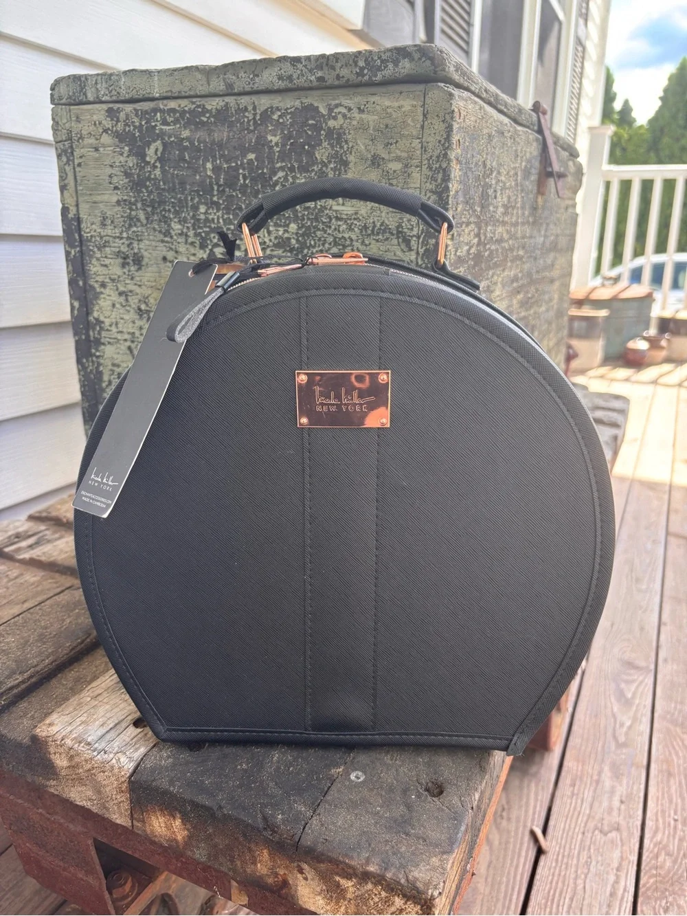 Nicole Miller Black Round Cosmetic Bag with Rose Gold Accents